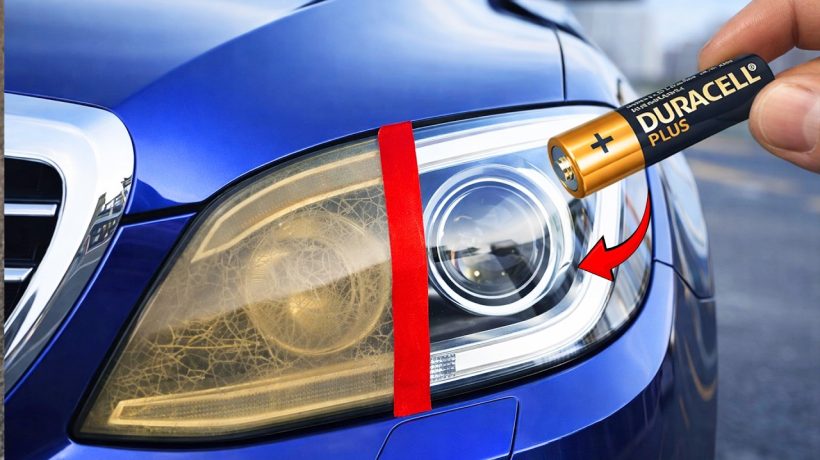 Ein trüber Autoscheinwerfer wird mit einem Tuch und dunkler Paste poliert, bis das Glas wieder klar ist.